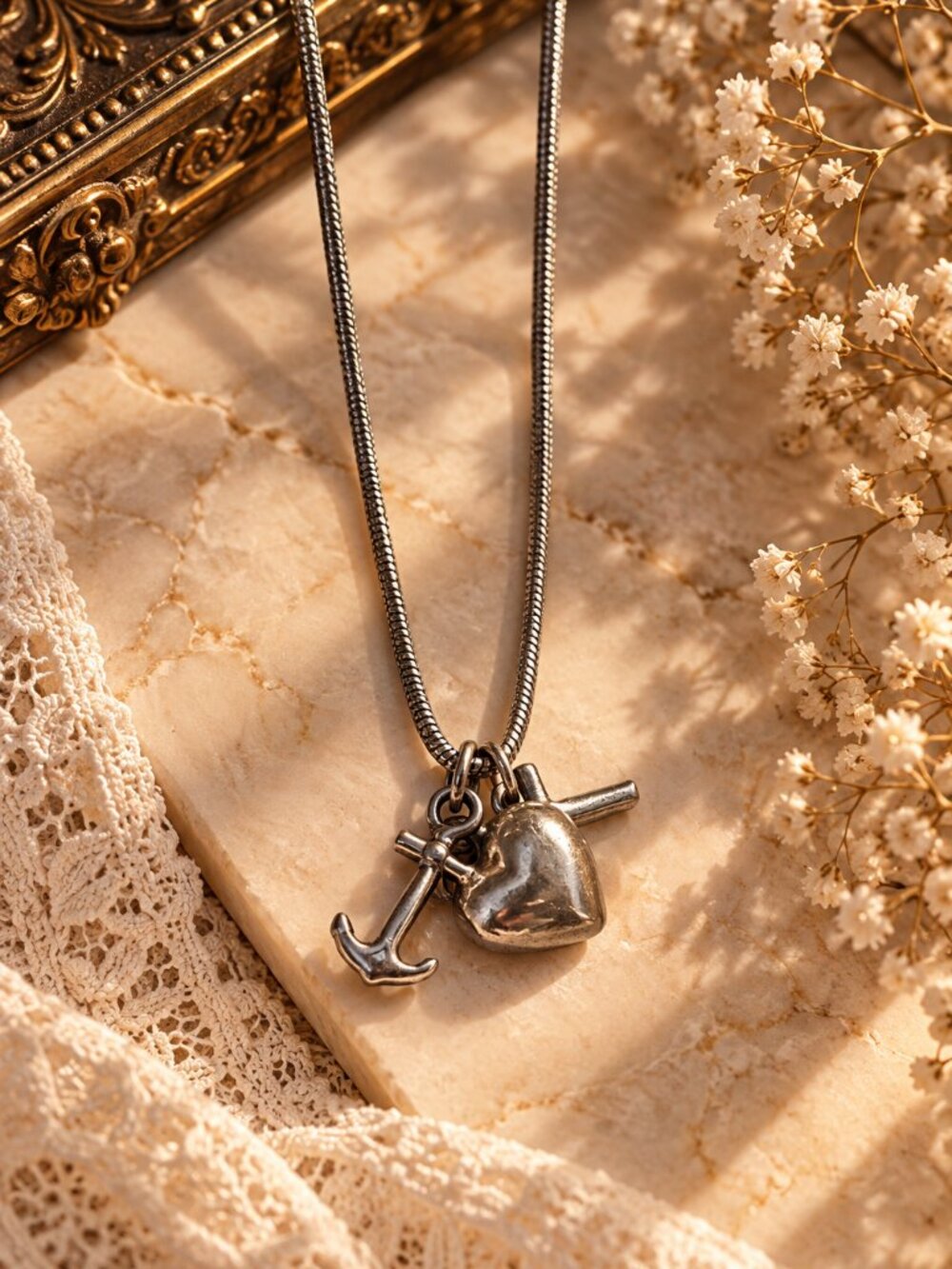 Vintage Sterling Silver Faith Hope Love Charm Necklace – Cross Anchor Heart